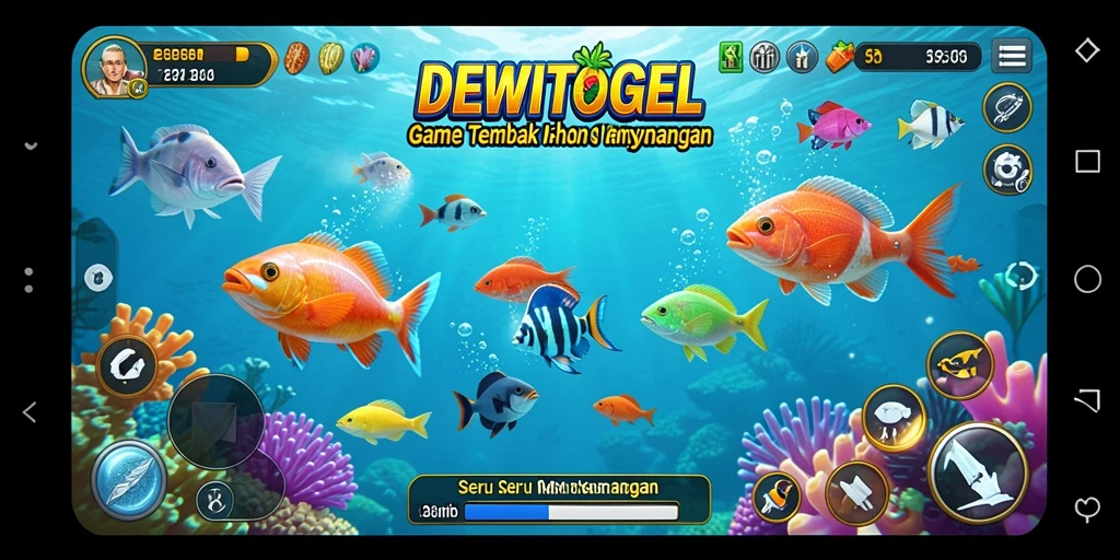 Screenshot DEWITOGEL menunjukkan tindakan menembak ikan yang seru di lautan.