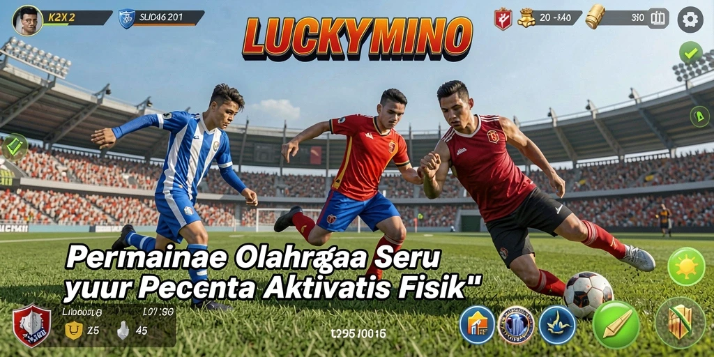 Tangkapan layar utama LUCKYMINO menampilkan aksi seru permainan olahraga.