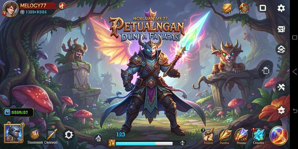 Tangkapan layar utama MELODY77 menampilkan aksi seru dalam gameplay RPG.